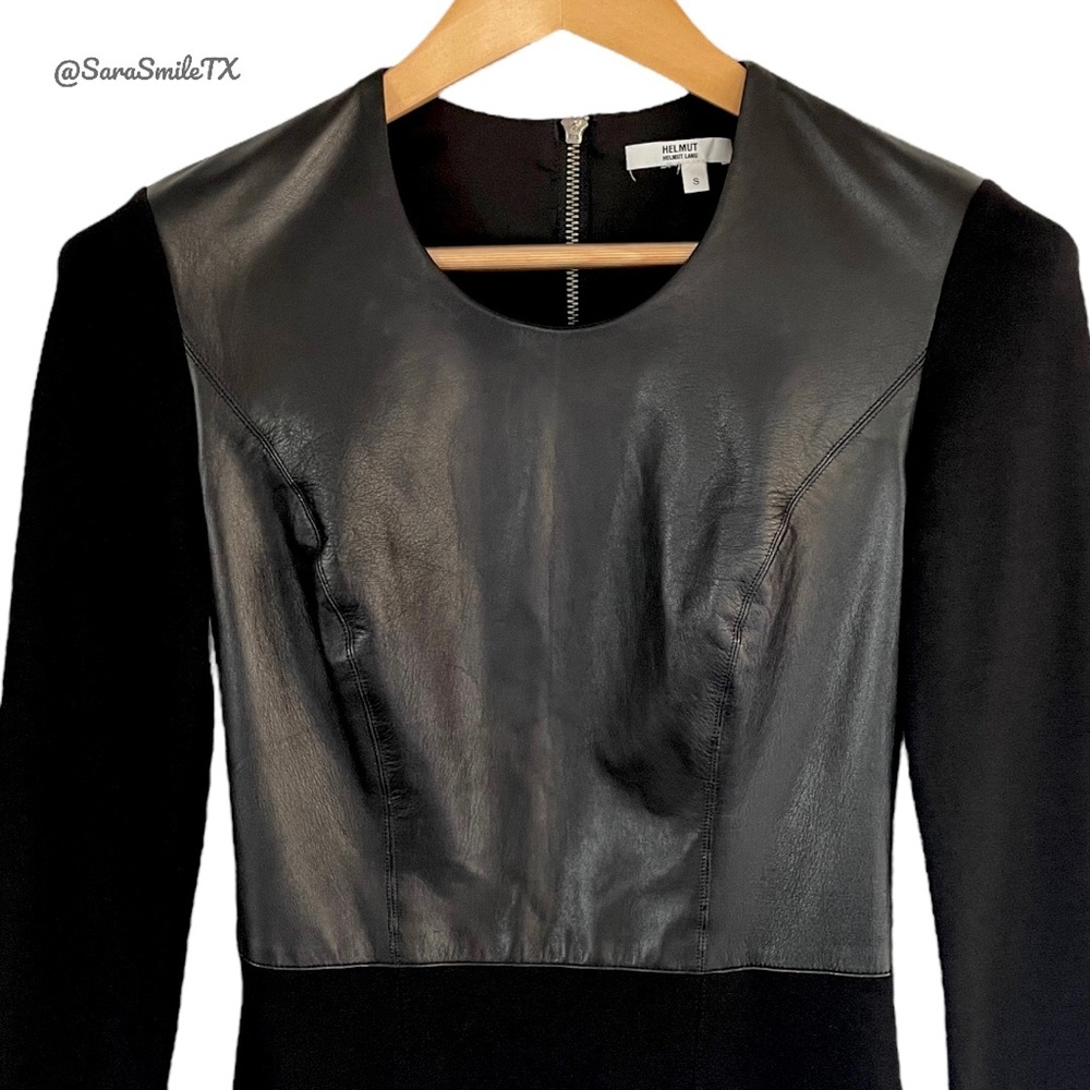 HELMUT LANG Black Lambskin Leather Panel Long Sleeve Mini Dress NWOT - Picture 4 of 16